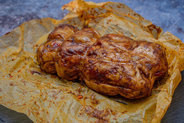 Mock meat- plant based alternative - seitan. Washed flour gluten with spices,  steamed and roasted.