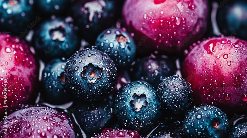 Sticker   A close-up of blueberries with drops of water on the top and bottom showcase their vibrant colors - red, white, and blue