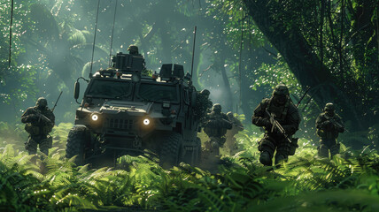 Soldiers advancing under the cover of an armored vehicle in dense green jungle terrain. Military scene concept, symbolizing army pride, strategy, and combat readiness in challenging environments.