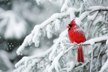 Christmas card with a snowy forest scene and a red cardinal perched on a frosted branch