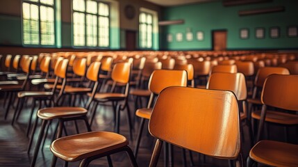 Empty high school classroom with nostalgic vintage tones