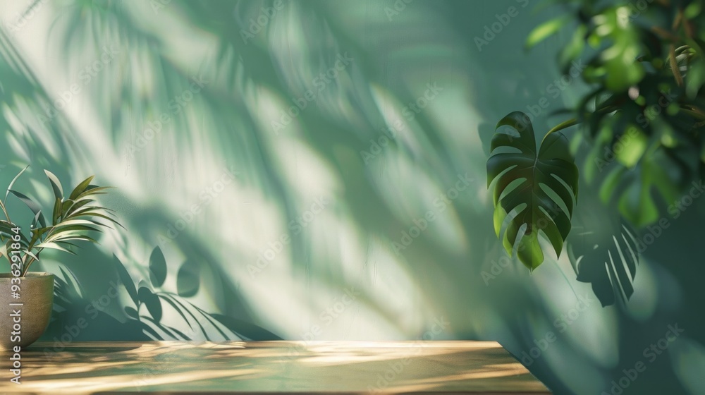 Aufkleber Sunlight streams in, illuminating a wooden surface and creating a beautiful interplay of shadows from the vibrant green plants nearby, evoking a sense of tranquility