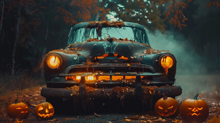 old spooky car in a dark forest. pumpkins, jack-o-lanterns, bats. Halloween horizontal banner