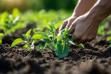 Person planting young green potato plants in fertile soil on a sunny day