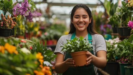 A young woman in a garden center, excitedly holding a potted plant for a customer to see, her positive demeanor evident in her smile. Ai generated