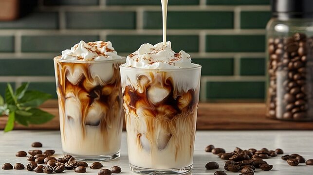   A pair of drinks perched atop a table near coffee grounds and an aromatic cup of coffee crowned with whipped cream