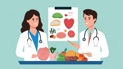 Two doctors discussing health concepts with visual aids, emphasizing nutrition and heart health in a vibrant setting.