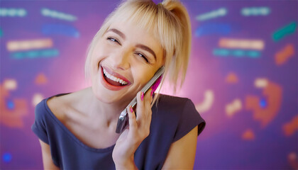 Cheerful blonde woman having fun at a smartphone call