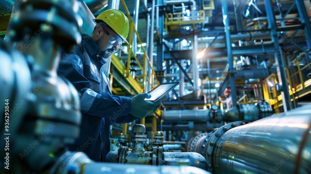 Poster skilled workers collaborate in a state-of-the-art industrial setting, using technology to monitor eq