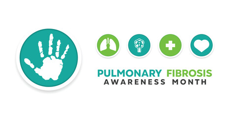 Pulmonary Fibrosis Awareness Month. Hand, lung disorder, plus icon and heart. Great for cards, banners, posters, social media and more. White background.