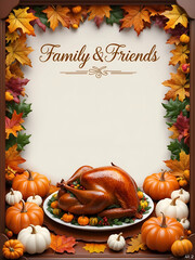 Photo Realistic Thanksgiving Feast Border with Turkey and Pumpkins | Copy Space | Autumnal Elements | Festive Invitation Design