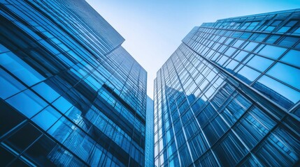 Obraz premium Blue glass skyscrapers, modern business center architecture background