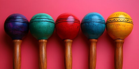 Five colorful maracas stand against a vibrant pink background