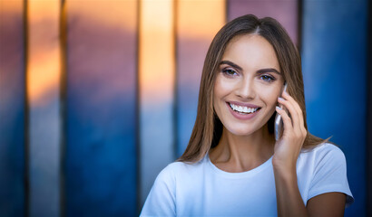 Woman in white t-shirt talking on a smartphone
