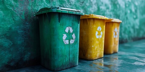 Three recycling bins stand against a green wall, symbolizing environmental responsibility.
