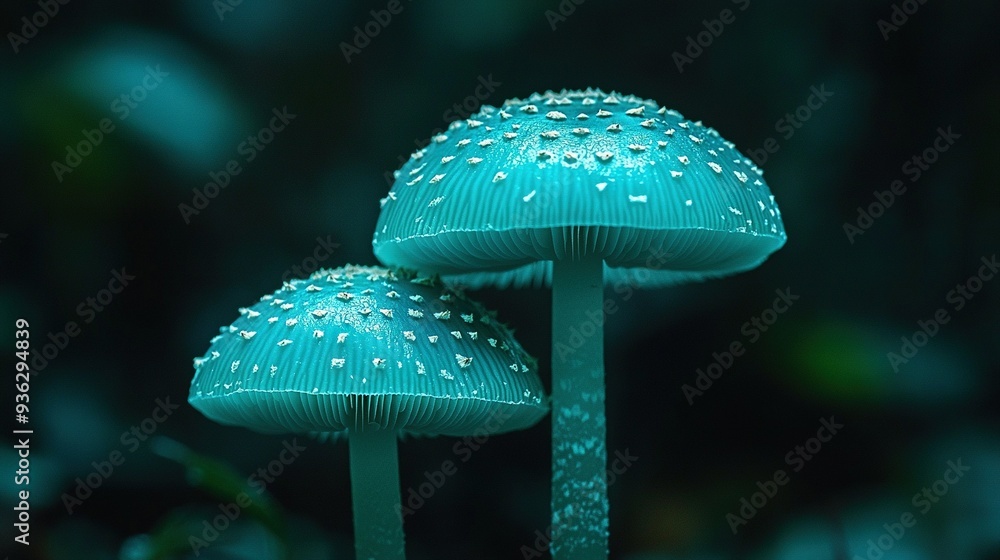 Wall mural   A close-up of two blue mushrooms with droplets of water on their caps and dewed-over caps