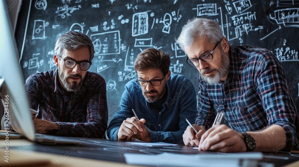 Poster three men collaborating on a project at a desk with sketches and diagrams on a chalkboard in a moder
