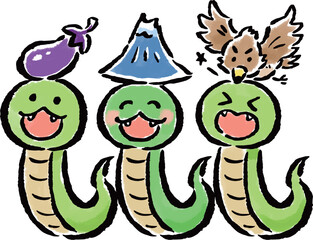 Obraz premium 富士・鷹・茄子を頭に乗せた蛇（巳） 筆タッチイラスト