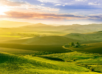 spring green field landscape in beautiful countryside with green and yellow grass, rural hills and amazing cloudy sky on background. Agriculture landscape with rural view