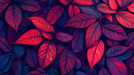 Fototapeta premium Pop art concept red leaves glistening with morning dew. Colorful background in pop art retro comic style. Autumn season leaves.