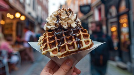 Enjoying a deliciously topped waffle in the heart of a picturesque urban setting, where vibrant shops and lively tourists create an inviting atmosphere