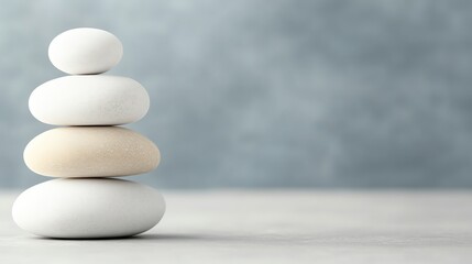 Stack of smooth white stones on a light gray surface, minimalist background.