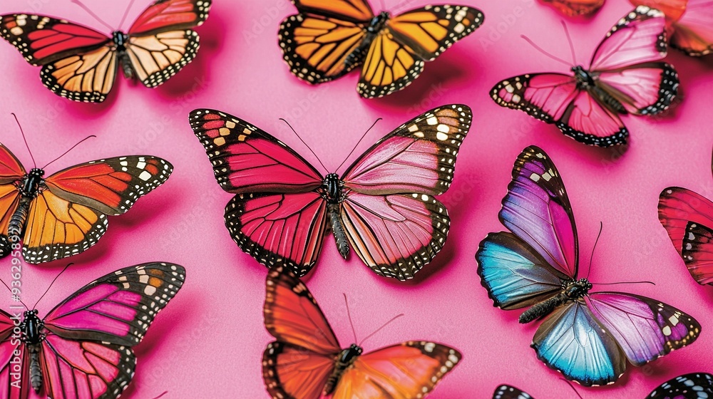 Sticker  A cluster of vibrant butterflies perched on a pink background, with one butterfly positioned in reverse