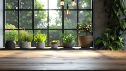 Soft morning light floods a cozy indoor area, illuminating a rustic wooden table. Surrounding it are vibrant plants in various pots, creating a peaceful, inviting ambiance