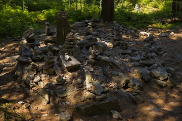 Small cairns at the hiking track to Suchy Vrch, Pardubice Region,Czech Republic,Europe
