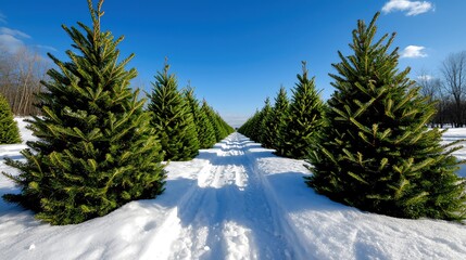 A serene winter landscape featuring evergreen trees lined in the snow under a clear blue sky, perfect for holiday themes.