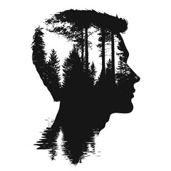 Silhouette vector of a man’s profile blended with trees, symbolizing harmony between nature and humanity. Double exposure logotype