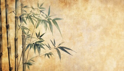 Traditional Chinese Bamboo Painting on Wooden Screen with Yellow and Green Hues, Light Brown Paper Background