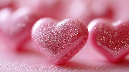 Fototapeta premium Close-up of two heart-shaped candies on a pink background with golden highlights