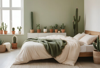 Arafed bedroom with a bed, cactus plants, and a window