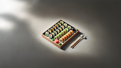 Minimalist Sushi Platter: A Vibrant Selection of Fresh Sushi Rolls with Traditional Sides 