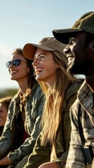 Several tourists share joyful moments together, appreciating the beauty of their safari experience amidst the stunning natural surroundings