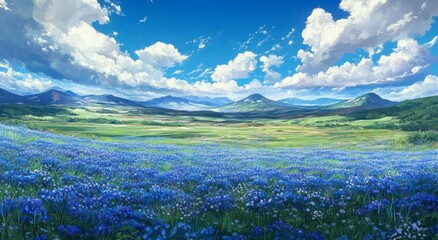 Obraz premium Vast Expanse of Blue Wildflowers on Grassland with White Clouds and Distant Mountains