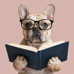 French Bulldog with Glasses Holding a Book on Pastel Pink Background - Studious Dog Photo