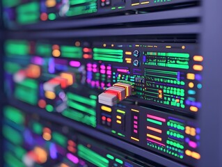 A visualization of big data being processed by servers, showing complex patterns and relationships
