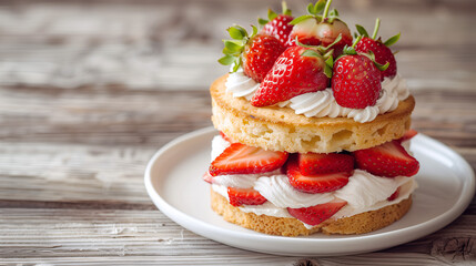 a strawberry shortcake, featuring layers of sponge cake, whipped cream, and fresh strawberries, styled on a simple white plate with a light wooden background