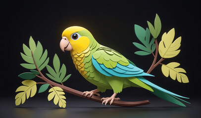 A green and yellow parrot perches on a branch with paper leaves