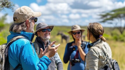 Tourists share stories and laughter while exploring the wildlife-rich landscape during an exciting safari adventure