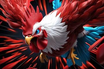 A vibrant red rooster with white feathers flies through a burst of red and blue lines.  A dynamic illustration perfect for celebrating the Year of the Rooster.