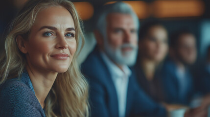Obraz premium Happy to be in team. Beautiful cheerful woman looking at camera with smile while sitting at the office table with her coworkers