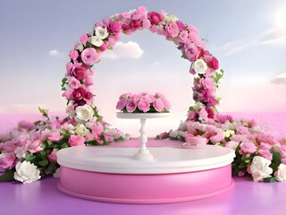 Podium background flower rose product pink 3d spring table beauty stand display nature white. Garden rose floral summer background podium cosmetic valentine Easter field scene gift purple day romantic