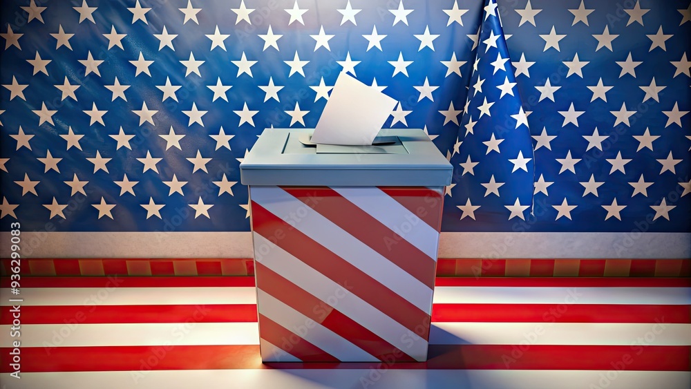 Wall mural American flags and stars adorn a ballot box, symbolizing democracy and freedom, amidst a backdrop of red, white, and blue, evoking patriotism and national pride.