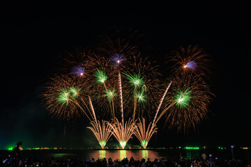 Real Fireworks at Pattaya bay, Pattaya national Fireworks Festival contest, November of every Year,...