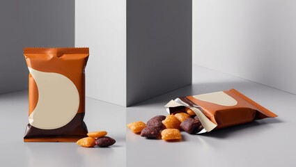 A photorealistic illustration of snack packaging