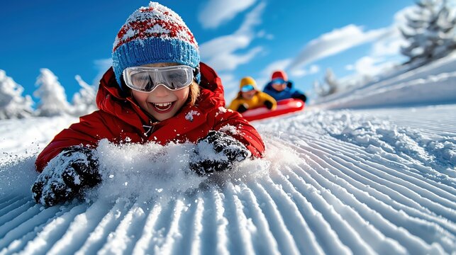 A joyful child sledding down a snowy hill, enjoying a bright winter day with friends in the background, showcasing winter fun.