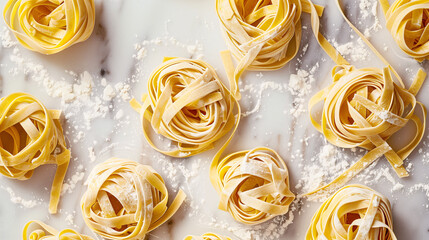 freshly made tagliatelle pasta arranged in neat nests, placed on a clean white countertop with a dusting of flour